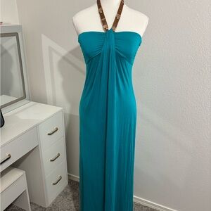 Papaya Blue Western Halter Dress With Brown Faux Leather Straps